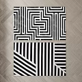 Modern Square Rugs With Black And White Geometric Maze Lines And Striped Patterns