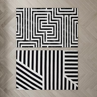 Modern Square Rugs With Black And White Geometric Maze Lines And Striped Patterns 3d model