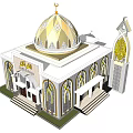 Traditional Islamic Mosque Exterior Featuring Golden Dome And Arabic Decorative Arches