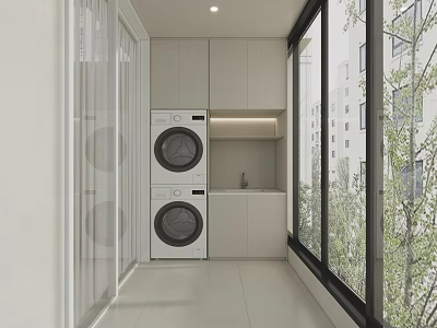 Modern Home Balcony With Washer Dryer Cabinet Sink And Large Windows 3d model