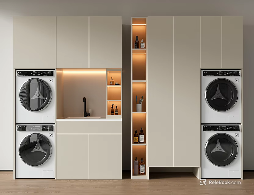 Modern Balcony Cabinet Design With Washing Machine Dryer Sink And Storage Shelves 3d model 