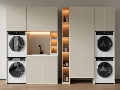 Modern Balcony Cabinet Design With Washing Machine Dryer Sink And Storage Shelves 3d model