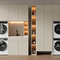 Modern Balcony Cabinet Design With Washing Machine Dryer Sink And Storage Shelves