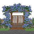 Beautiful Garden Entrance Plant Combination With Purple Hydrangeas On Wooden Arch And Greenery