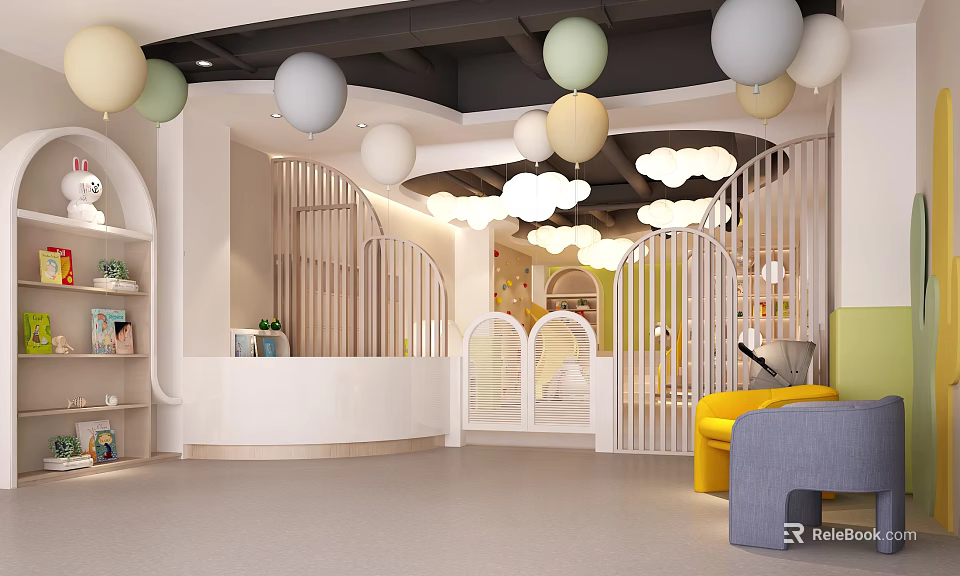 Bright Kindergarten Interior With Colorful Balloons Cloud Shaped Lights White Railings And Colorful Seats 3d model 