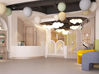 Bright Kindergarten Interior With Colorful Balloons Cloud Shaped Lights White Railings And Colorful Seats 3d model