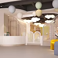 Bright Kindergarten Interior With Colorful Balloons Cloud Shaped Lights White Railings And Colorful Seats
