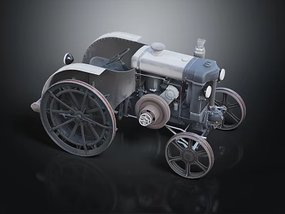 Vintage Tractor With Large Wheels Exposed Mechanical Engine And Metal Body 3d model