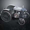 Vintage Tractor With Large Wheels Exposed Mechanical Engine And Metal Body