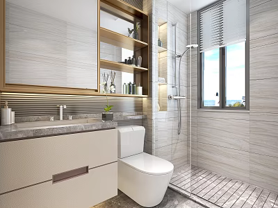 Bright Modern Light Luxury Bathroom Interior With Marble Tiles And Practical Complete Bath Fixtures 3d model