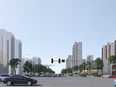 Bustling Modern Commercial Street With High Rise Buildings Traffic Lights Trees And Vehicles 3d model