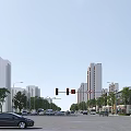 Bustling Modern Commercial Street With High Rise Buildings Traffic Lights Trees And Vehicles
