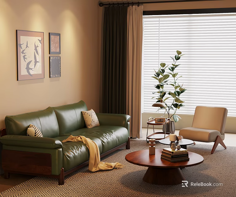 Modern Living Room Interior With Green Leather Sofa Round Coffee Table And Potted Plant 3d model 