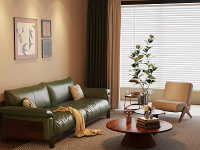 Modern Living Room Interior With Green Leather Sofa Round Coffee Table And Potted Plant 3d model