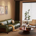 Modern Living Room Interior With Green Leather Sofa Round Coffee Table And Potted Plant