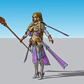 Game Movie Female Character In Gorgeous Outfit With Golden Ornaments Holding Staff Purple Ribbons