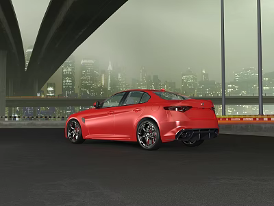 Red Sports Car Parked Under Bridge With City Night View And Skyscrapers 3d model