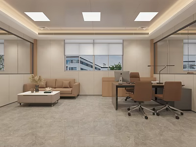 Modern Office Interior Design With Open Layout Sofa Desk Windows Plants And Marble Flooring 3d model