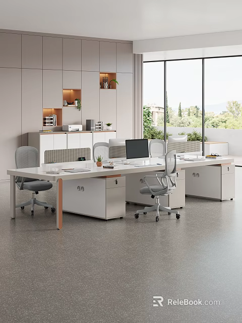 Modern Office Space With White Desk And Gray Chairs Storage Cabinets Large Windows 3d model 