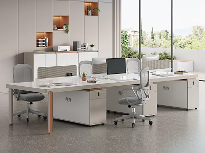 Modern Office Space With White Desk And Gray Chairs Storage Cabinets Large Windows 3d model