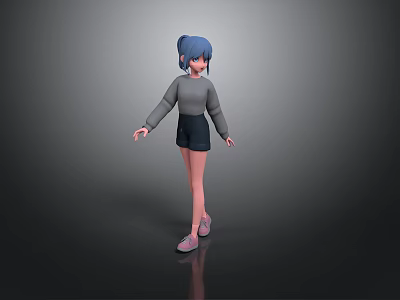3D Character Model With Blue Hair Gray Long Sleeve Top Black Shorts And Pink Shoes 3d model