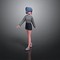 3D Character Model With Blue Hair Gray Long Sleeve Top Black Shorts And Pink Shoes