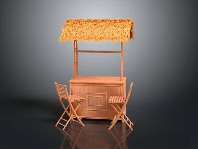 Outdoor Wooden Bar Set With Thatched Roof And Two Rustic Chairs 3d model