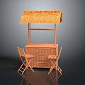 Outdoor Wooden Bar Set With Thatched Roof And Two Rustic Chairs
