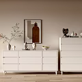 White Modern Entryway Cabinet And Sideboard With Decorative Vase Sculptures And Floor Lamp