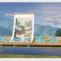 Traditional Garden Landscape With Scroll Painting Mountains And Wavy Green Structures