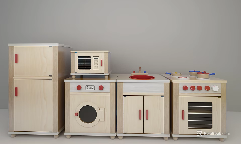 Wooden Building Blocks Toy Kitchen Set with Refrigerator Microwave Washer Cabinet and Oven for Children 3d model 