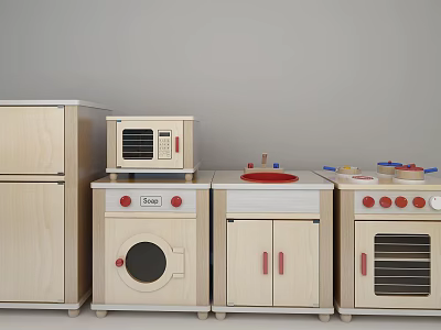 Wooden Building Blocks Toy Kitchen Set with Refrigerator Microwave Washer Cabinet and Oven for Children 3d model