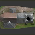 Miniature Church Building Model with Steeple Red Gray Roofs Stone Walls and Grass Base
