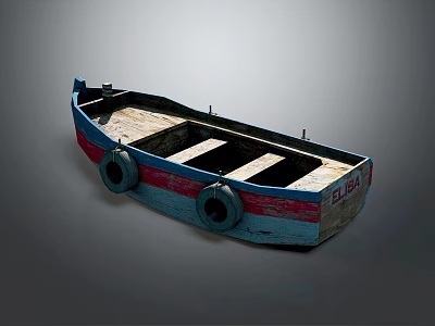 Wooden Boat Blue And Red Painted With Wooden Seats And Two Tires On Sides 3d model