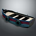 Wooden Boat Blue And Red Painted With Wooden Seats And Two Tires On Sides