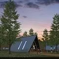 Triangular Wooden House With Blue Roof And Wooden Deck Surrounded By Trees On Green Lawn