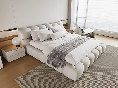 Modern Double Bed With Soft Upholstered Design White Bedding Gray Throw And Nightstand Lamp 3d model