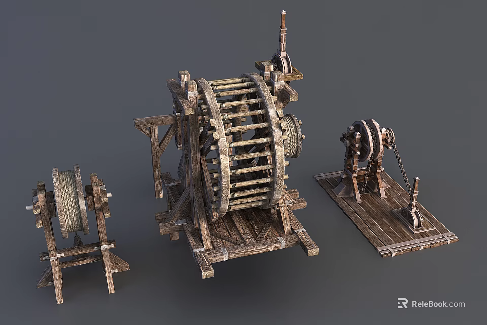 Rustic Wooden Garden Decor Set With Vintage Mechanical Wheel Structures 3d model