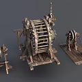 Rustic Wooden Garden Decor Set With Vintage Mechanical Wheel Structures 3d model