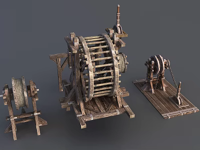 Rustic Wooden Garden Decor Set With Vintage Mechanical Wheel Structures 3d model