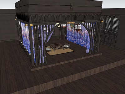 Traditional Oriental Pergola With Wooden Structure Decorative Screens Lighting And Wooden Floor 3d model