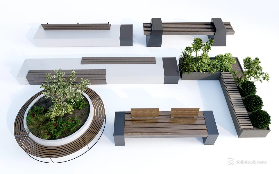 Modern Outdoor Landscape Seats With Wooden Benches Circular Design And Green Plants 3d model 