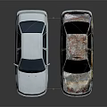 Light Blue Sedan And Rusted Vintage Car Display On Shiny Reflective Floor
