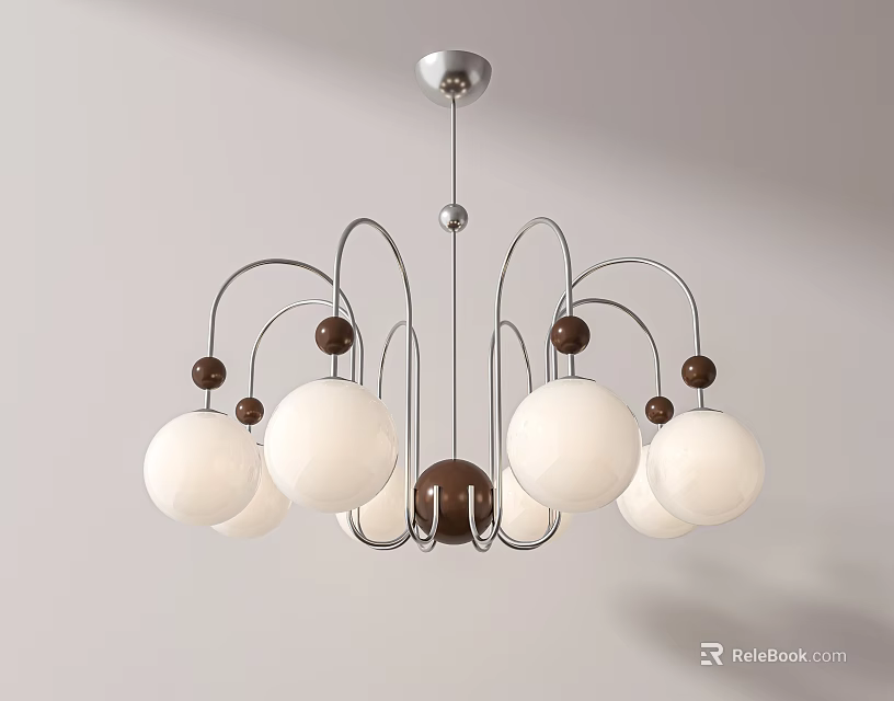 Modern Chandelier With White Spherical Shades Metal Frame And Wooden Balls 3d model 