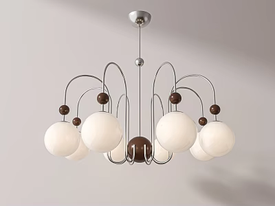 Modern Chandelier With White Spherical Shades Metal Frame And Wooden Balls 3d model