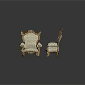 Ornate European Style Sofa Set With Golden Carvings And Light Colored Fabric