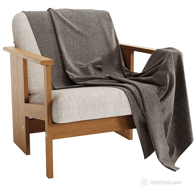 Cozy Wooden Frame Armchair With Light Beige Cushion And Dark Gray Blanket 3d model 
