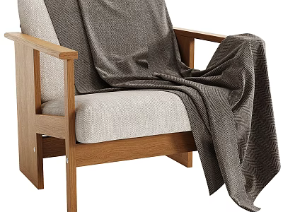Cozy Wooden Frame Armchair With Light Beige Cushion And Dark Gray Blanket 3d model