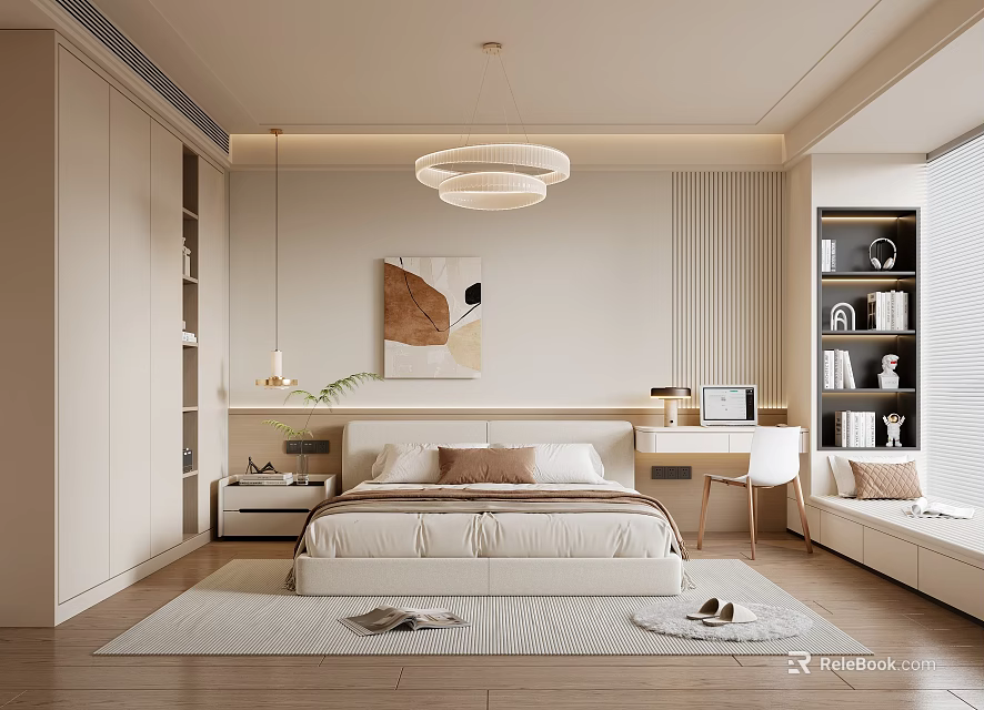 Modern Light Toned Bedroom Interior Design With Bed Desk Bookshelf Rug And Chandelier 3d model 