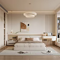 Modern Light Toned Bedroom Interior Design With Bed Desk Bookshelf Rug And Chandelier